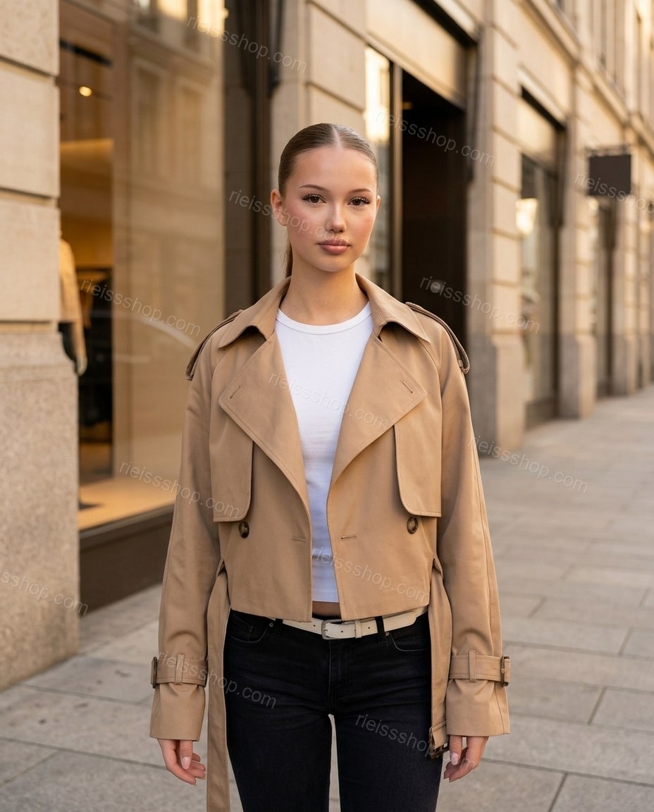 Tan Jacket, three-quarter brand lifestyle view, by Rieissshop
