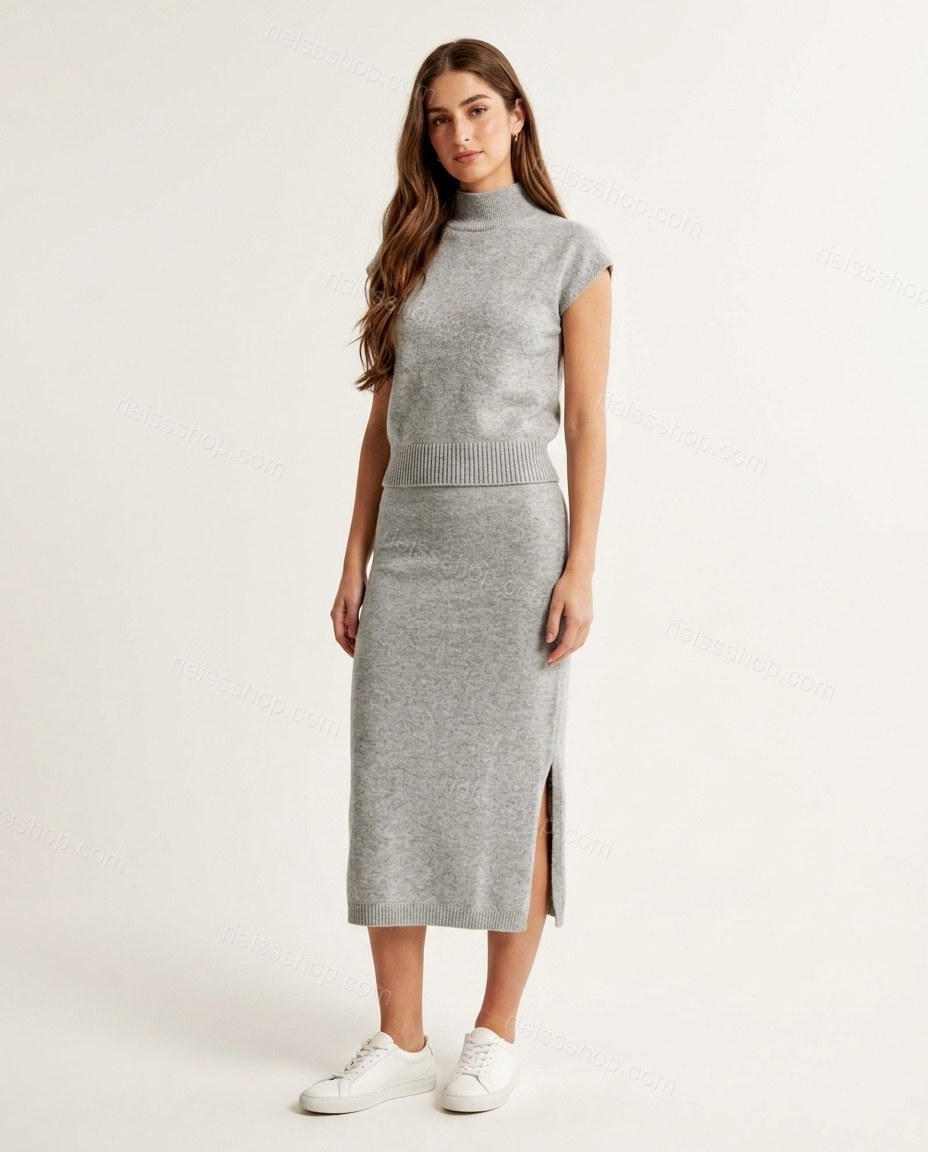 Heather Grey Midi Knit Ribbed Skirt Set, front studio view, by Rieissshop