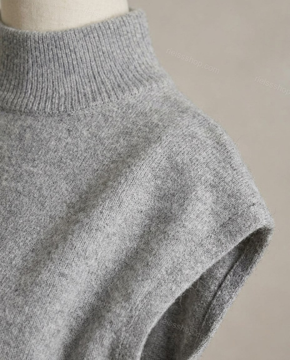 Heather Grey Midi Knit Ribbed Skirt Set, close-up of ribbed hem, side slit and mock-neck top, by Rieissshop