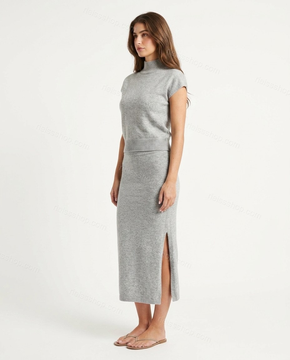 Heather Grey Midi Knit Ribbed Skirt Set, side and back studio view, by Rieissshop