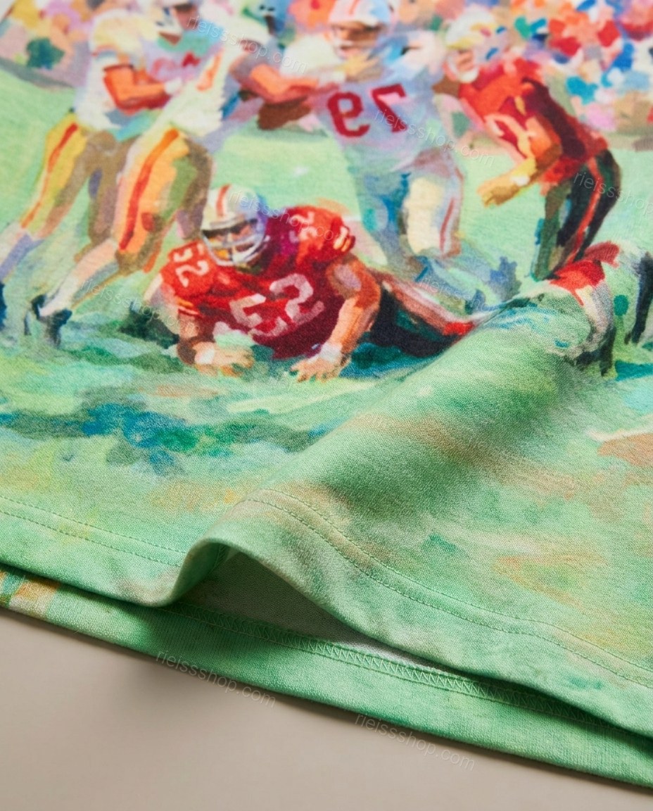 Light Green Mini Dress, close-up of red and blue accents, abstract sports print and sleeveless design, by Rieissshop