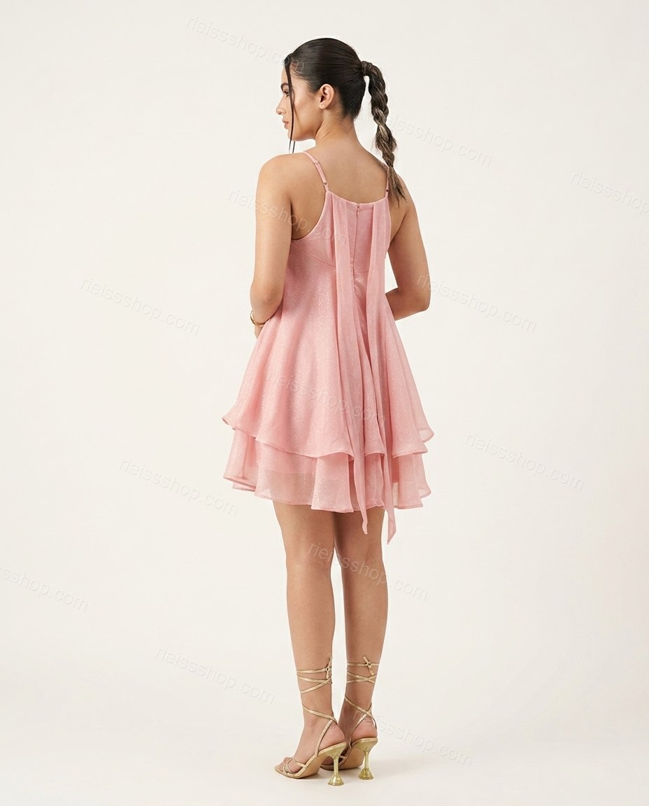 Pink Mini Cowl-Neck Ruffled Dress, back studio view showing simple back view with straps, by Rieissshop