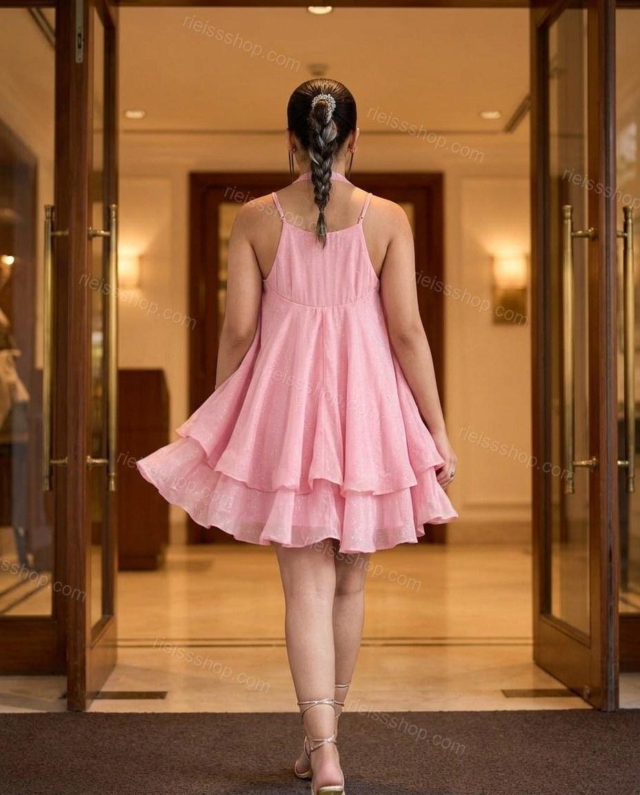 Pink Mini Cowl-Neck Ruffled Dress, movement and fit lifestyle view, by Rieissshop