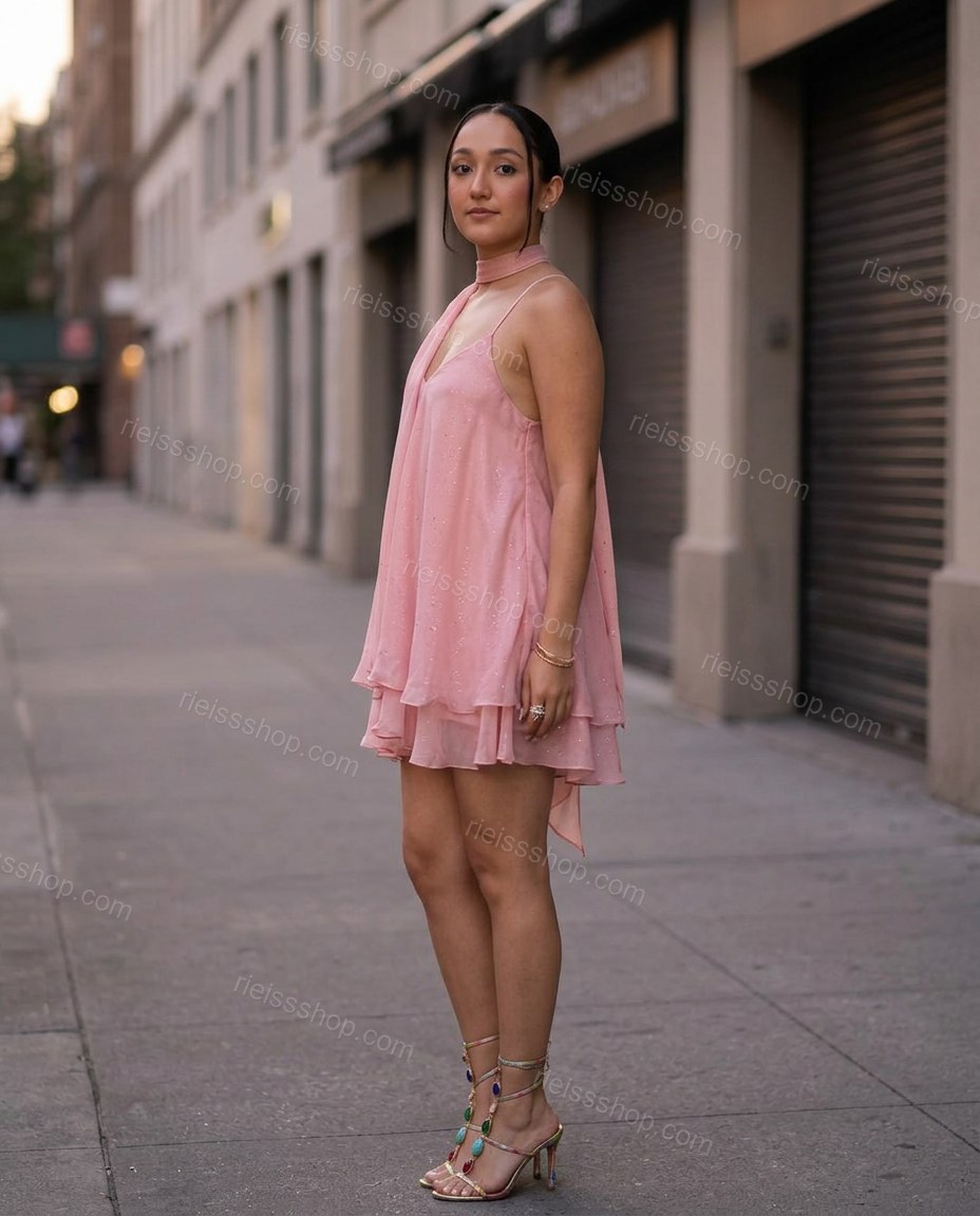 Pink Mini Cowl-Neck Ruffled Dress, alternate use-case lifestyle view, by Rieissshop