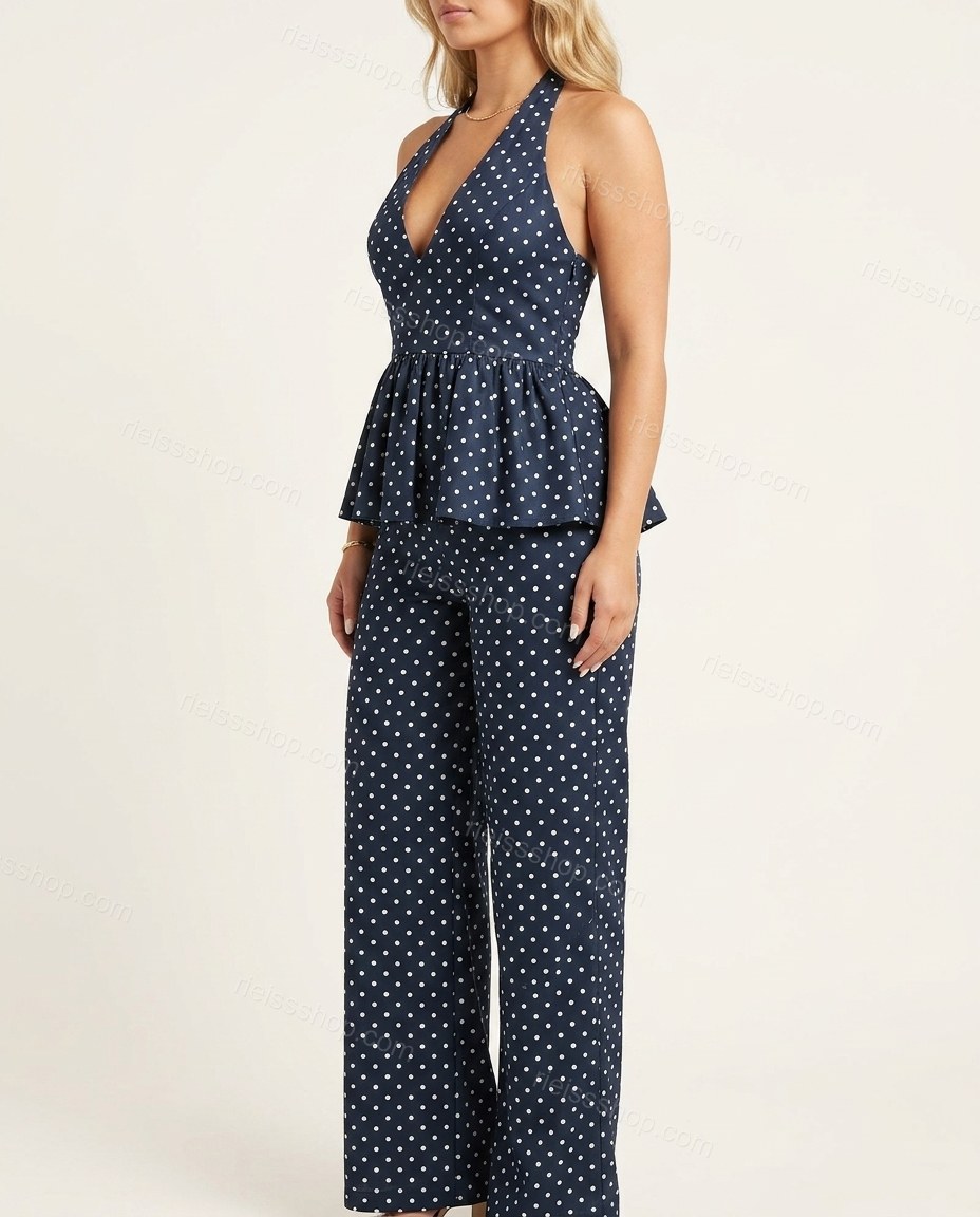Navy Polka Dot Halter Peplum Jumpsuit, side and back studio view, by Rieissshop