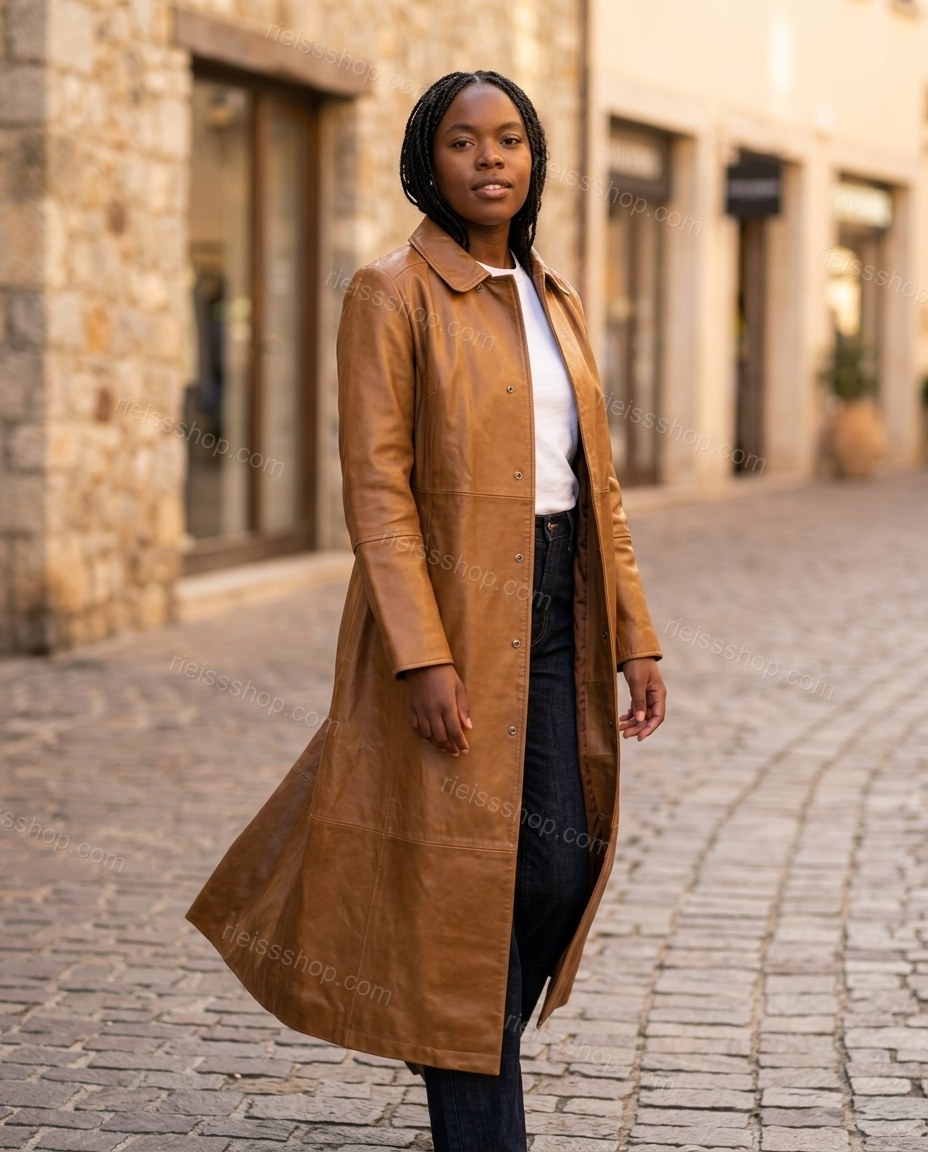 Brown Coat, walking lifestyle view, by Rieissshop