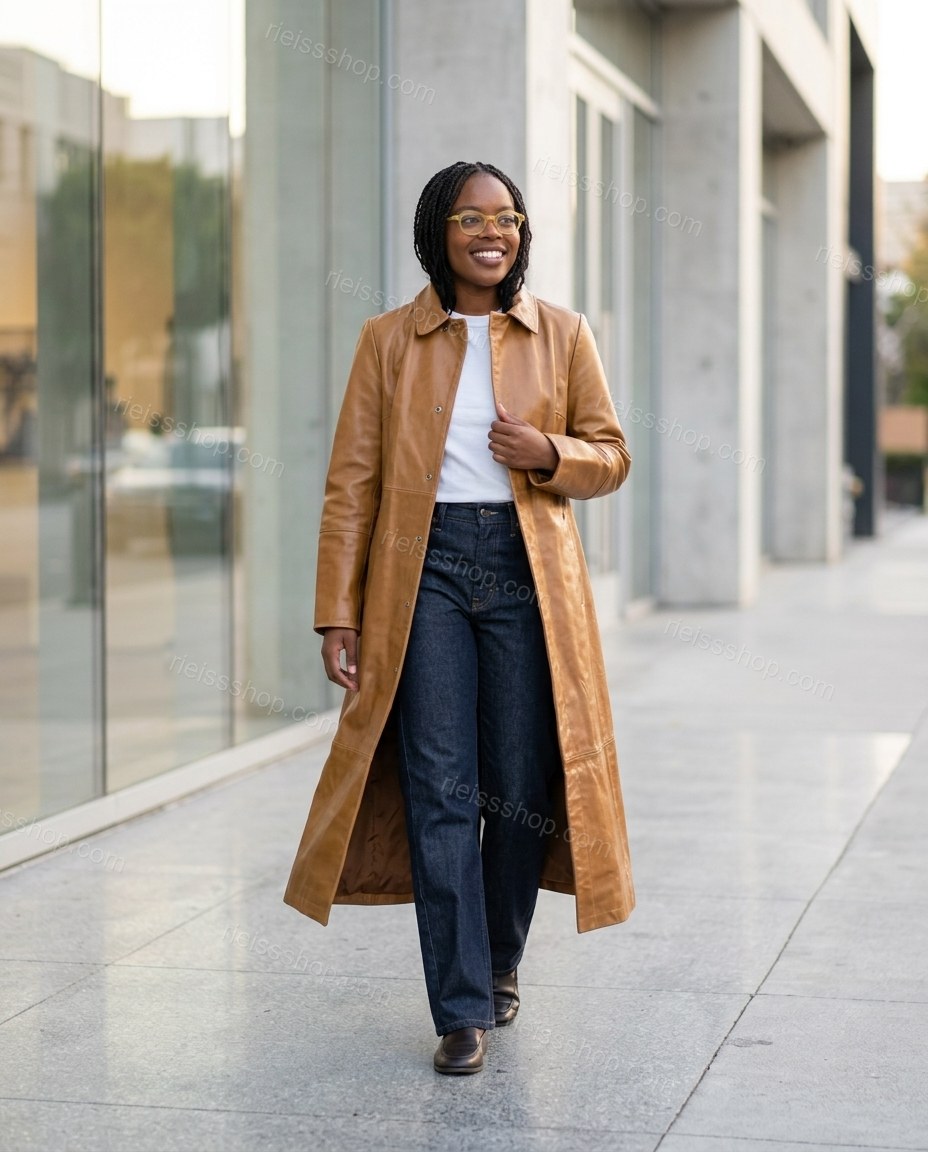 Brown Coat, movement and fit lifestyle view, by Rieissshop