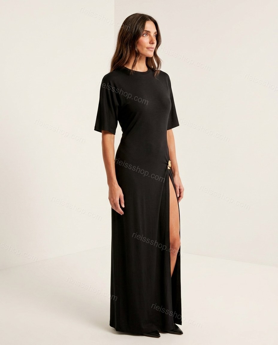 Black Maxi Knit Dress, side and back studio view, by Rieissshop
