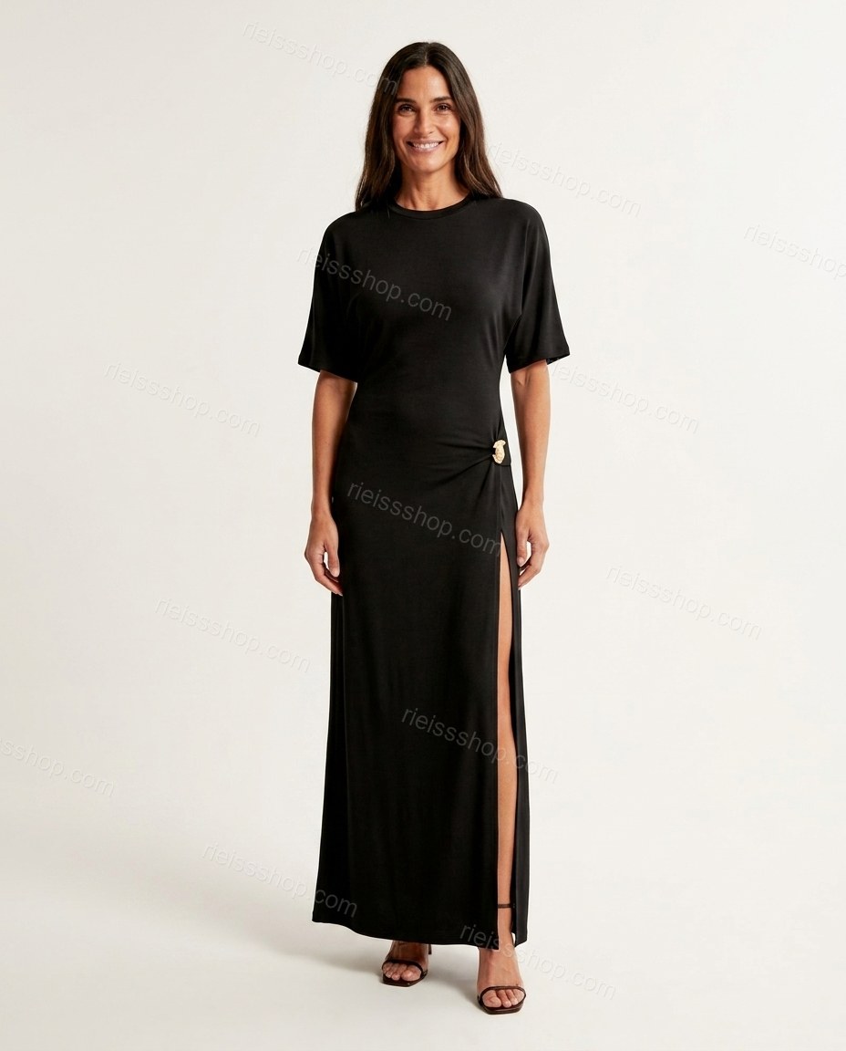 Black Maxi Knit Dress, front studio view, by Rieissshop