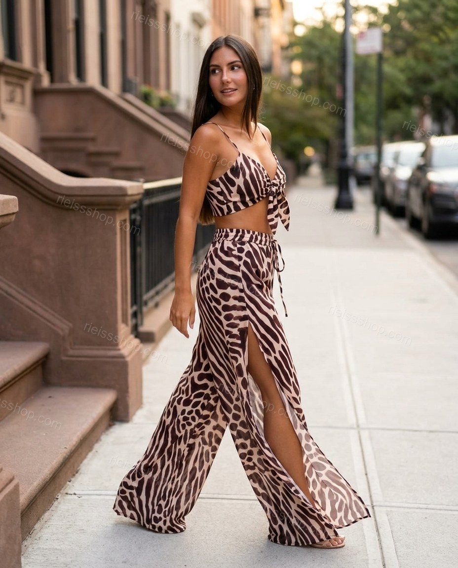 Beige Animal Print Pants Set, walking lifestyle view, by Rieissshop