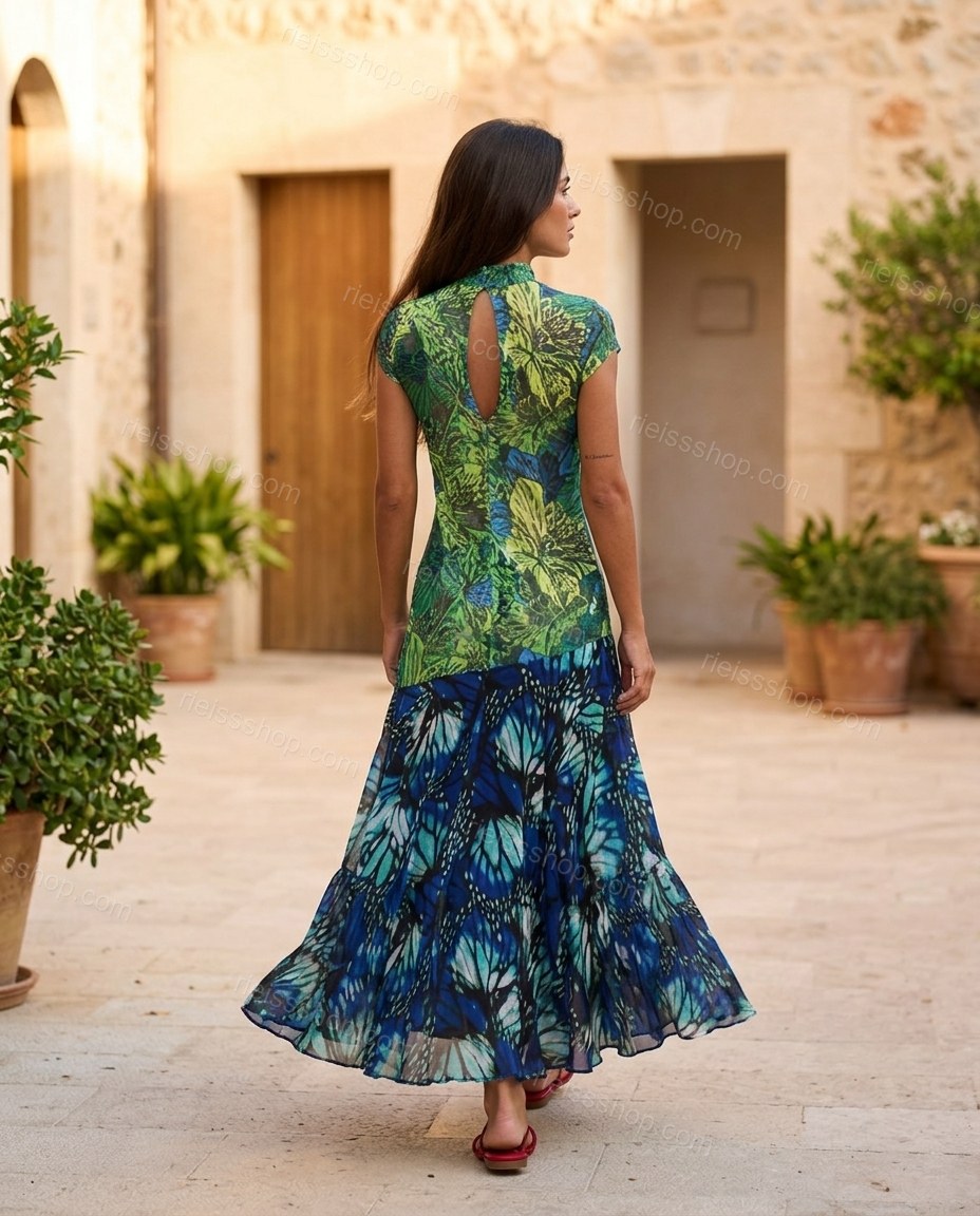 Green Floral Maxi Tiered Dress, walking lifestyle view, by Rieissshop