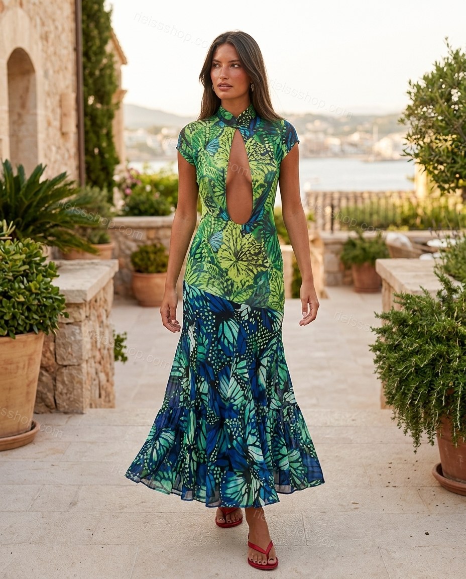 Green Floral Maxi Tiered Dress, alternate use-case lifestyle view, by Rieissshop