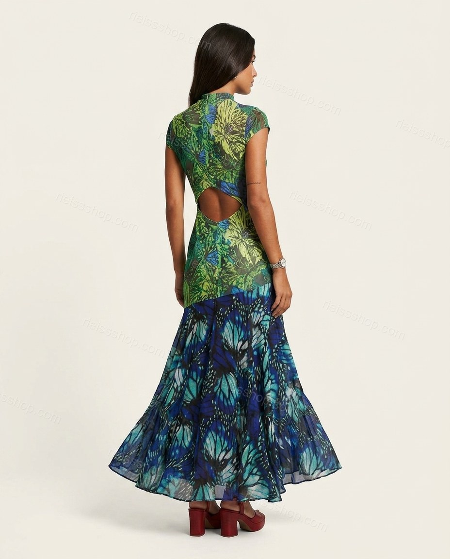 Green Floral Maxi Tiered Dress, back studio view showing fitted back with flowing skirt, by Rieissshop