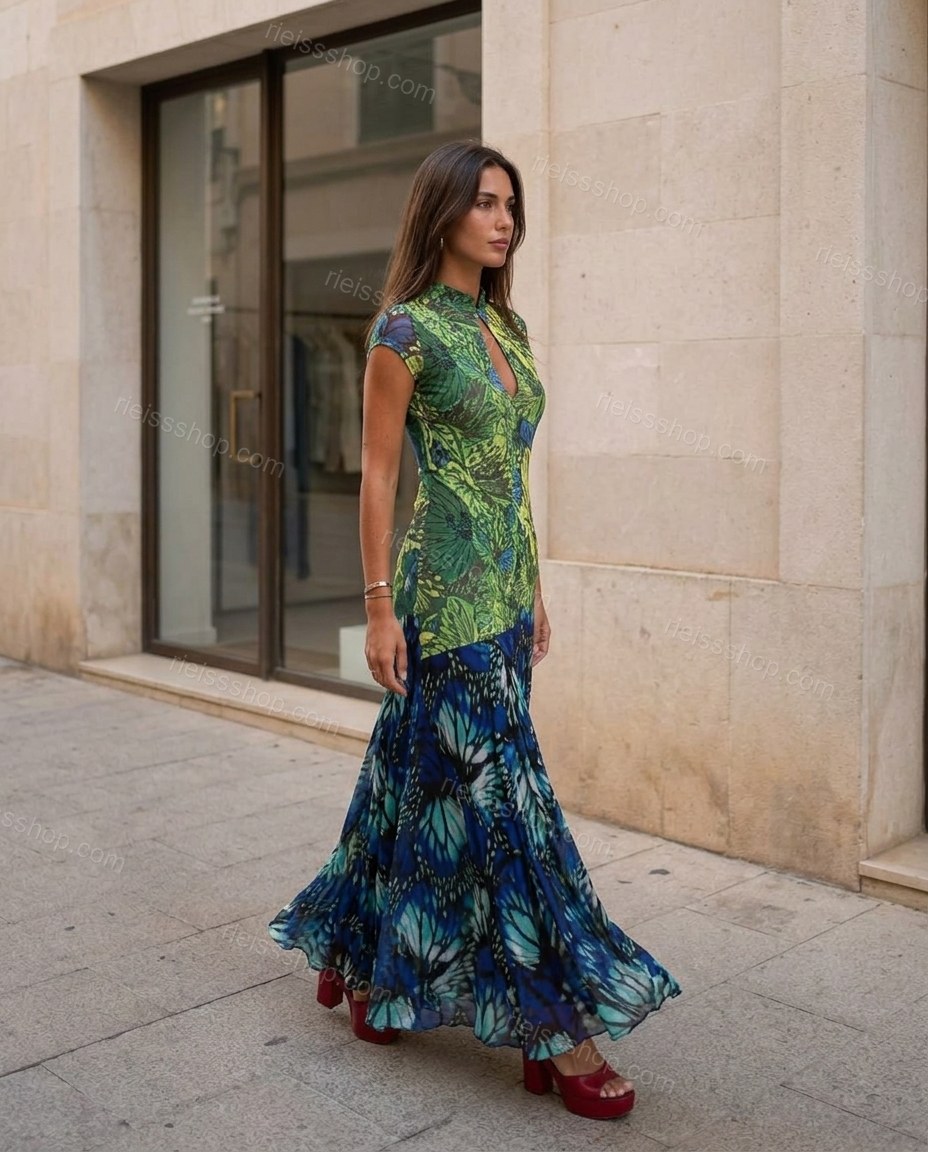 Green Floral Maxi Tiered Dress, movement and fit lifestyle view, by Rieissshop