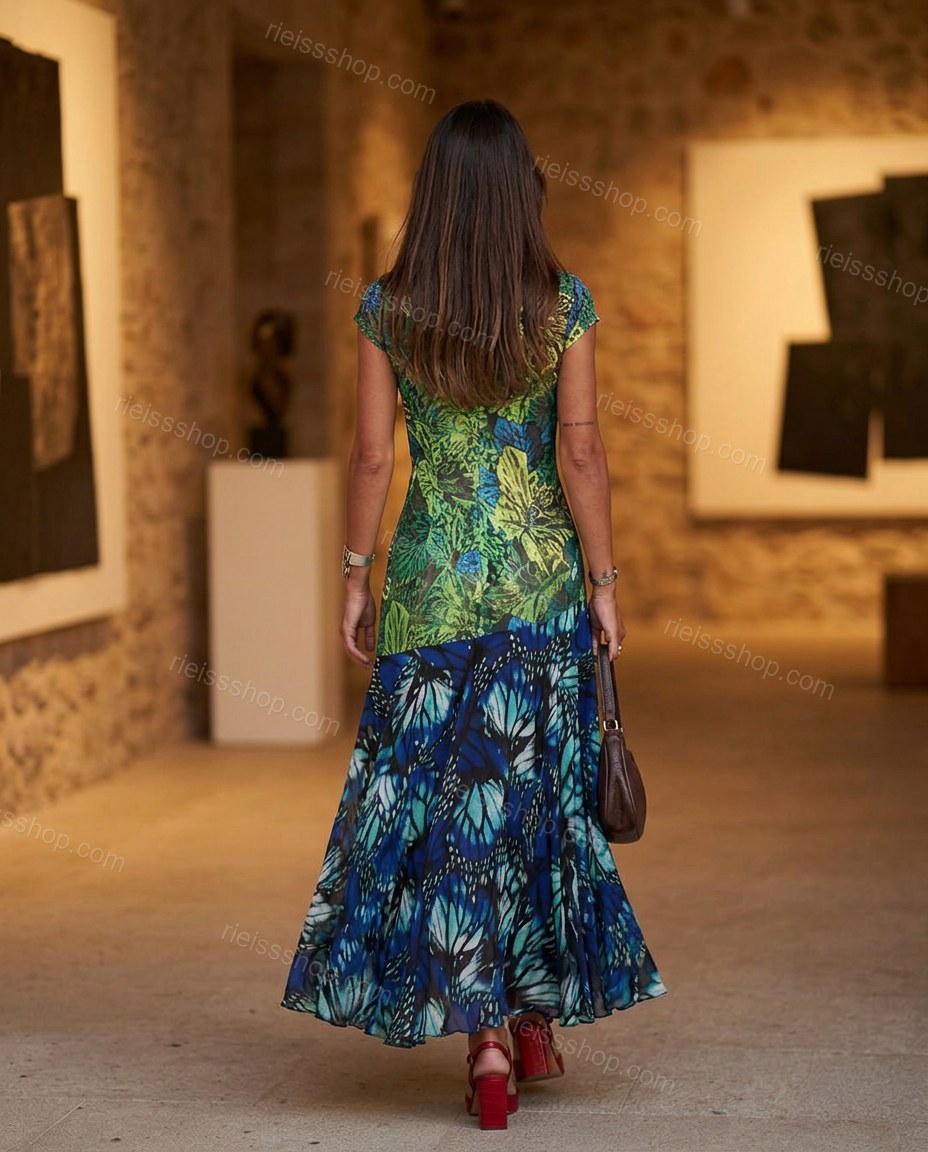Green Floral Maxi Tiered Dress, three-quarter brand lifestyle view, by Rieissshop