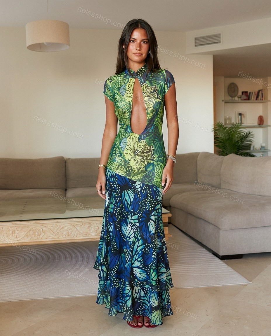 Green Floral Maxi Tiered Dress, full-length hero view, by Rieissshop