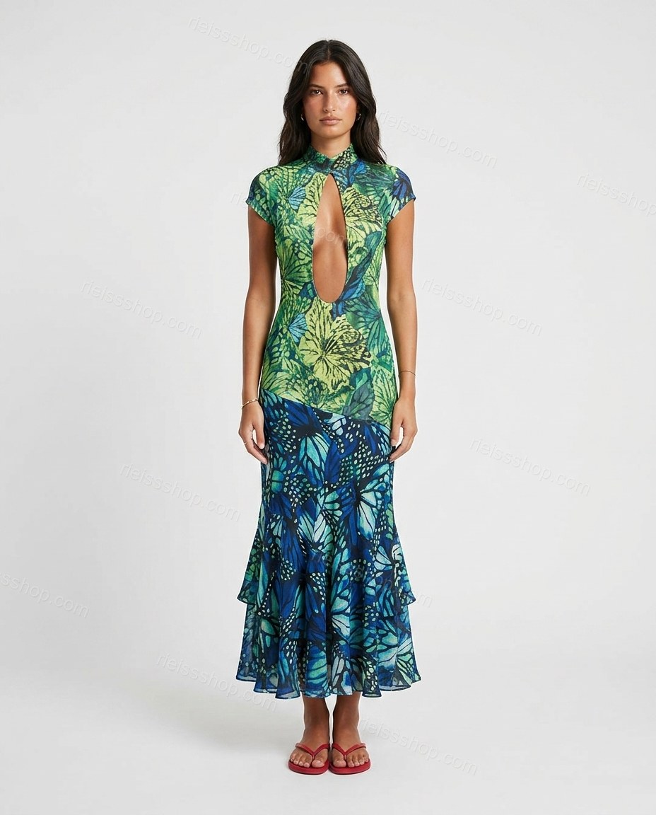 Green Floral Maxi Tiered Dress, front studio view, by Rieissshop