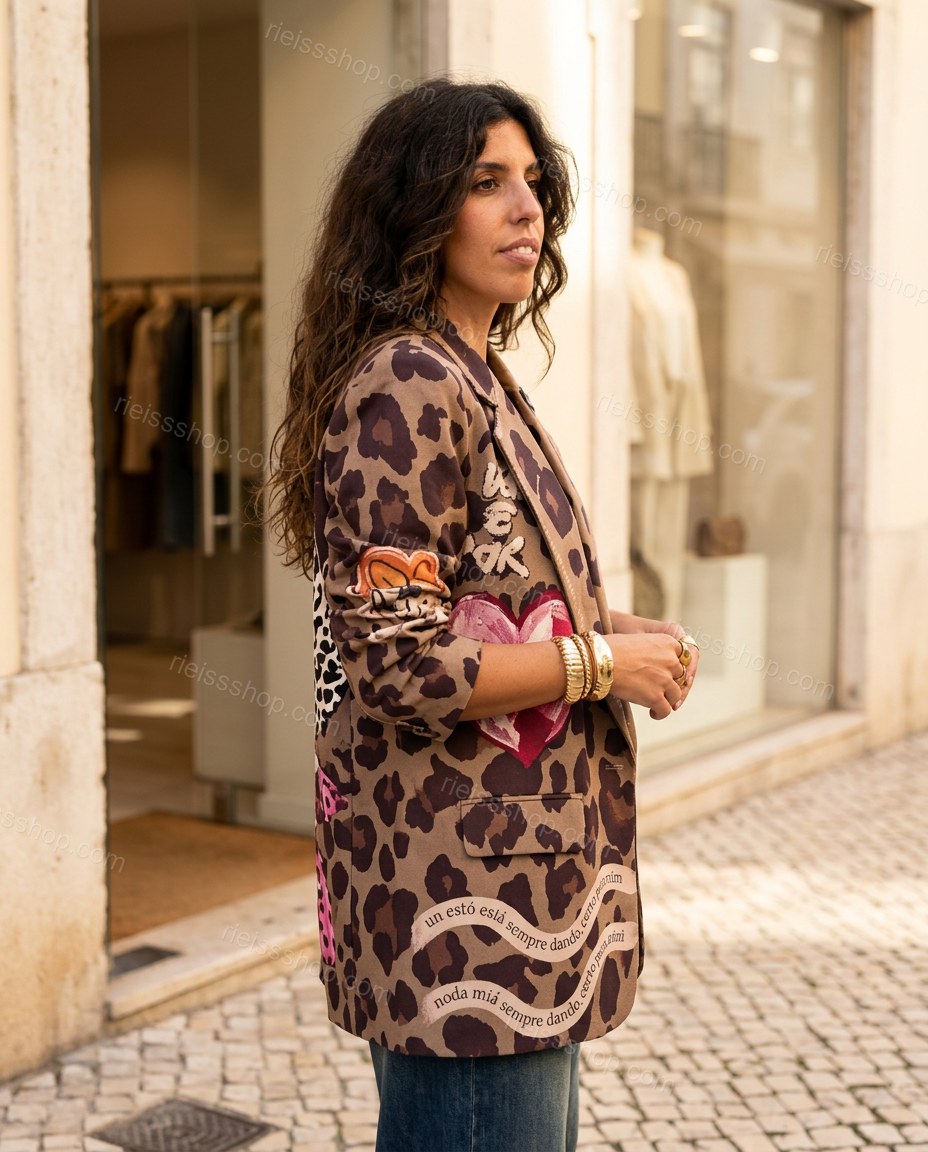 Brown Animal Print Jacket, three-quarter brand lifestyle view, by Rieissshop