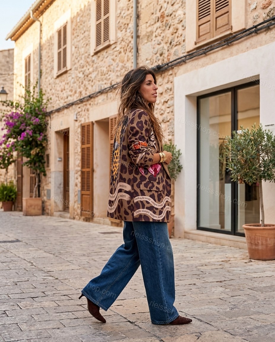 Brown Animal Print Jacket, movement and fit lifestyle view, by Rieissshop