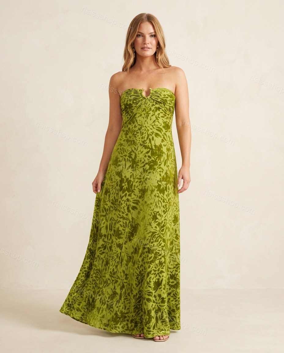 Lime Green Maxi Strapless Dress, full-length hero view, by Rieissshop