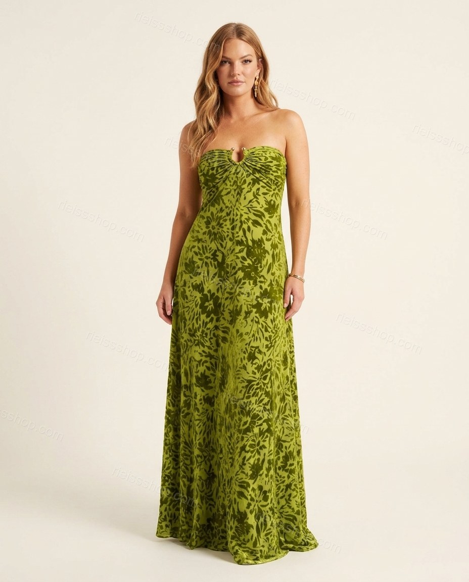 Lime Green Maxi Strapless Dress, front studio view, by Rieissshop