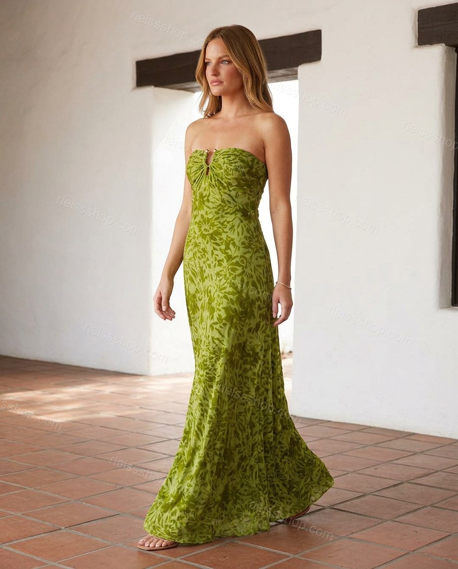 Lime Green Maxi Strapless Dress, walking lifestyle view, by Rieissshop
