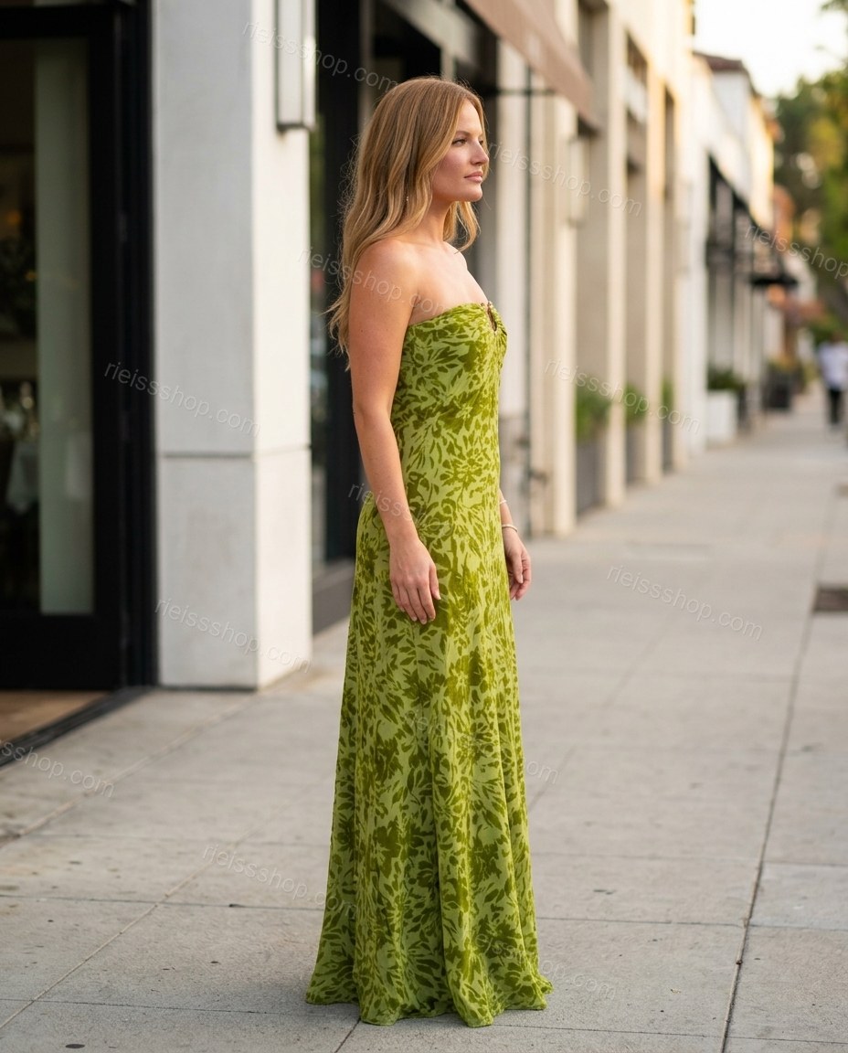 Lime Green Maxi Strapless Dress, three-quarter brand lifestyle view, by Rieissshop