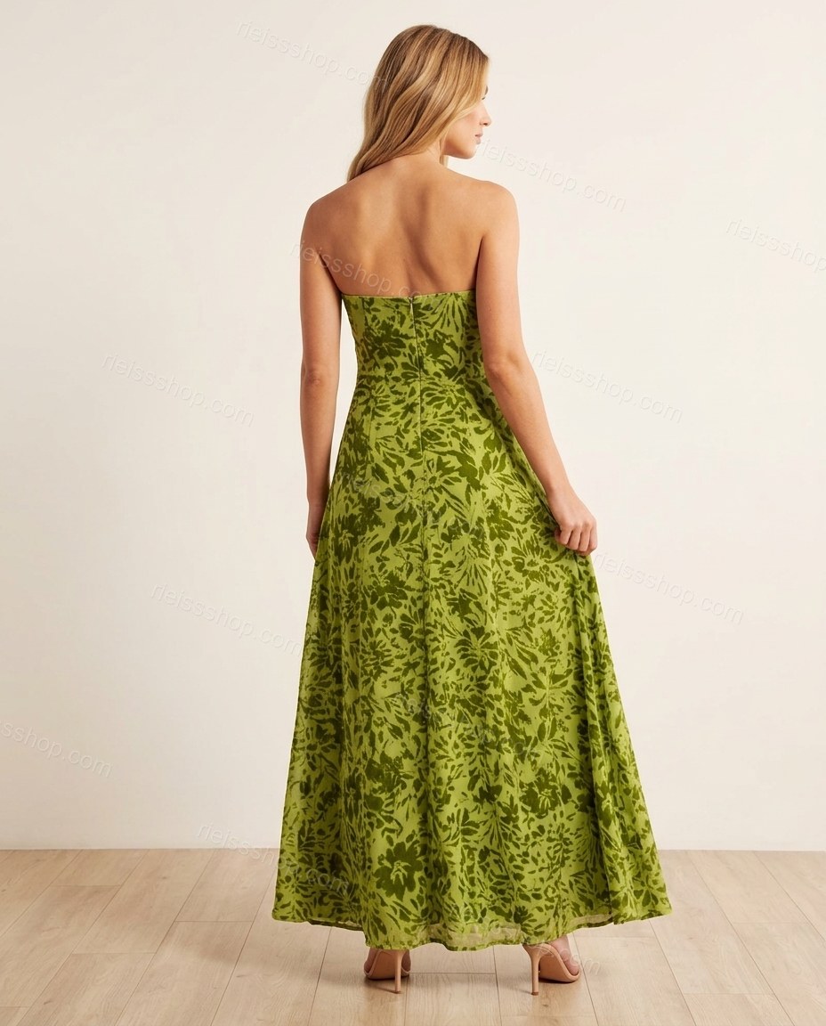 Lime Green Maxi Strapless Dress, back studio view showing smooth back with no visible seams, by Rieissshop