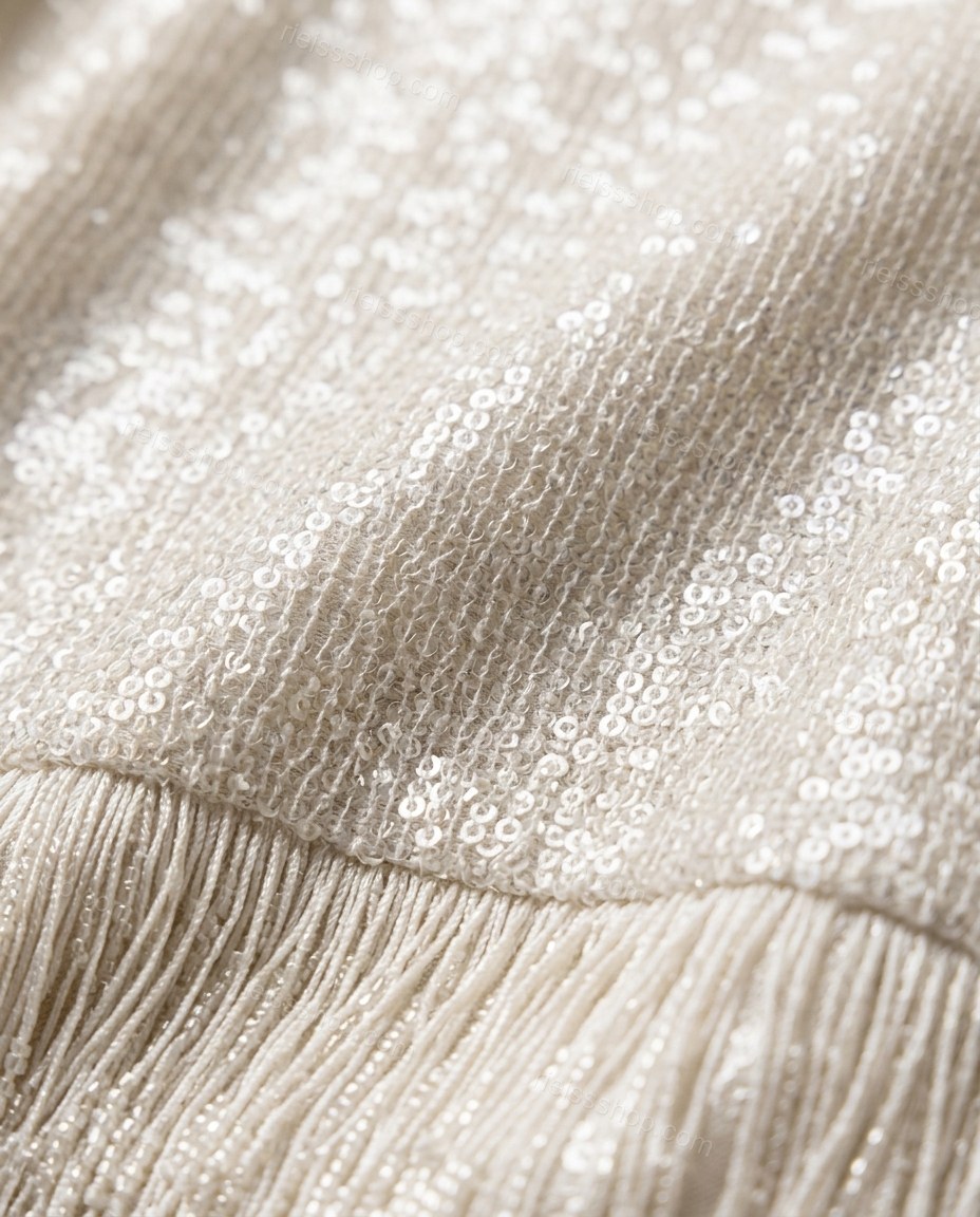 Off-white Mini Strapless Fringe Dress, close-up of feathered hem, corset back and all-over sequin embellishment, by Rieissshop