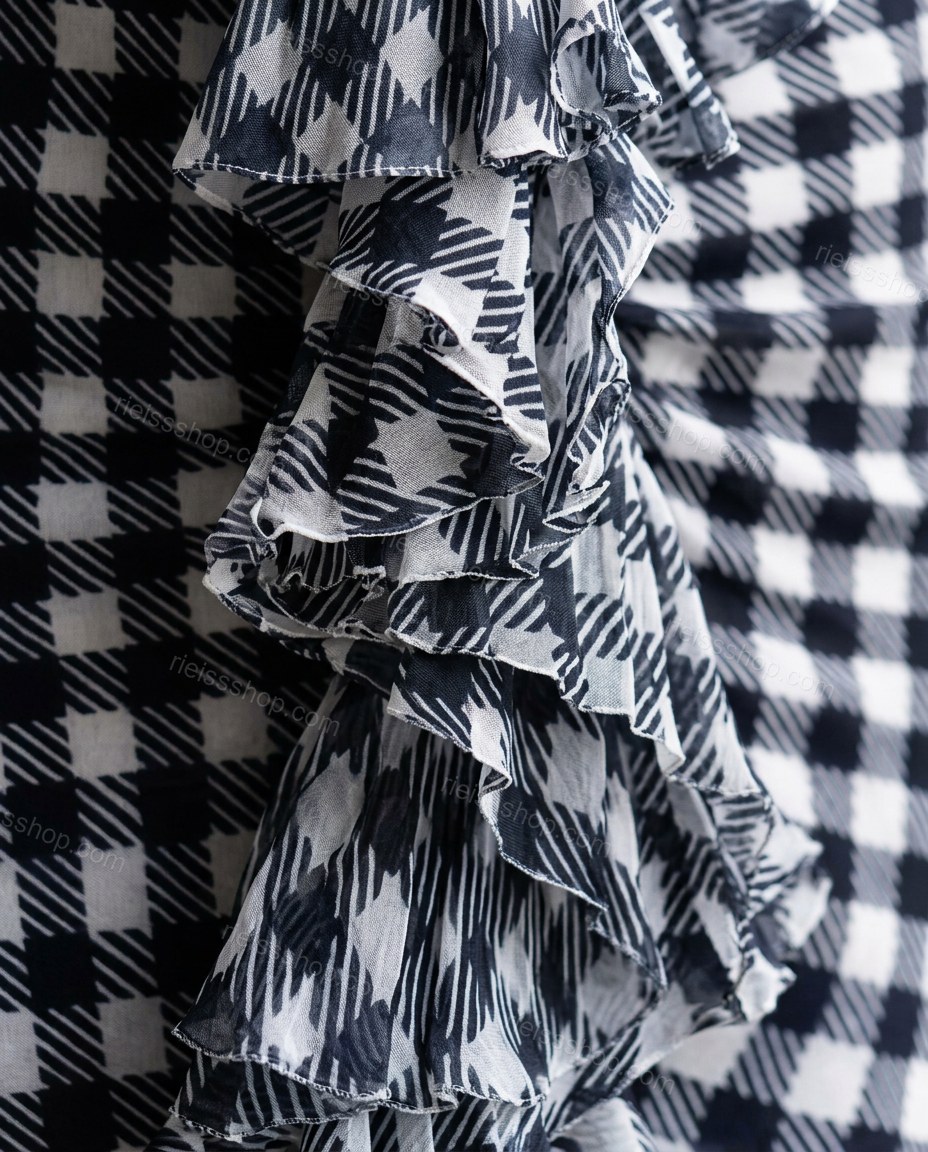 Black Mini One-Shoulder Ruffled Dress, close-up of white accents, ruffles and asymmetrical design, by Rieissshop