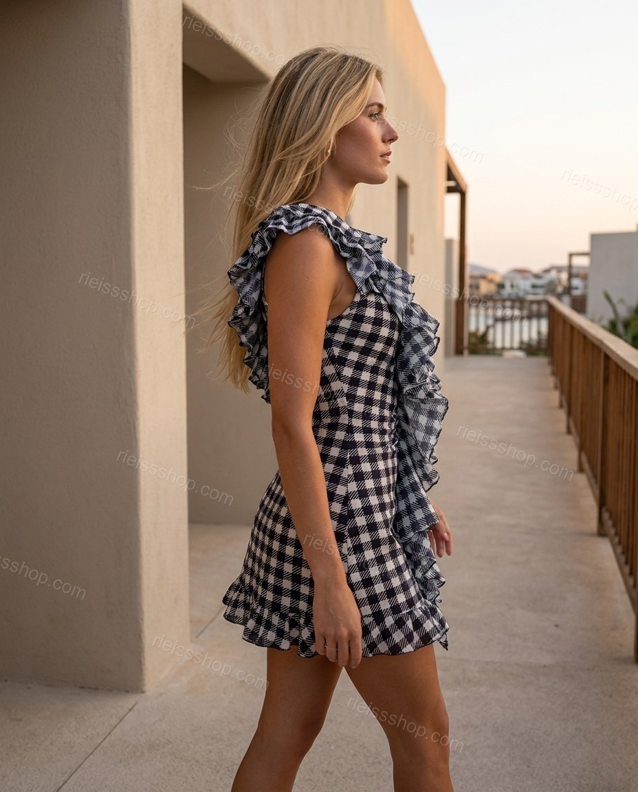 Black Mini One-Shoulder Ruffled Dress, movement and fit lifestyle view, by Rieissshop