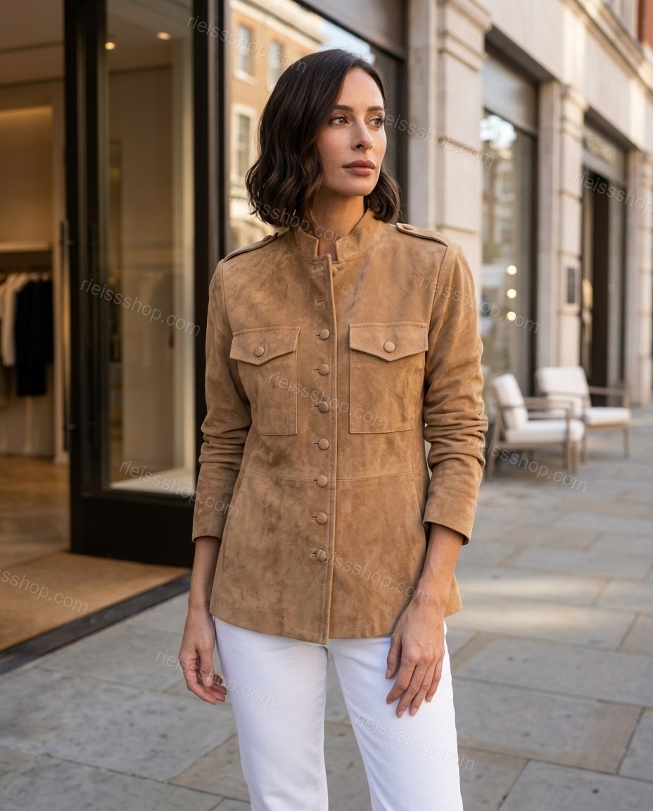 Tan Two-Piece Set, three-quarter brand lifestyle view, by Rieissshop