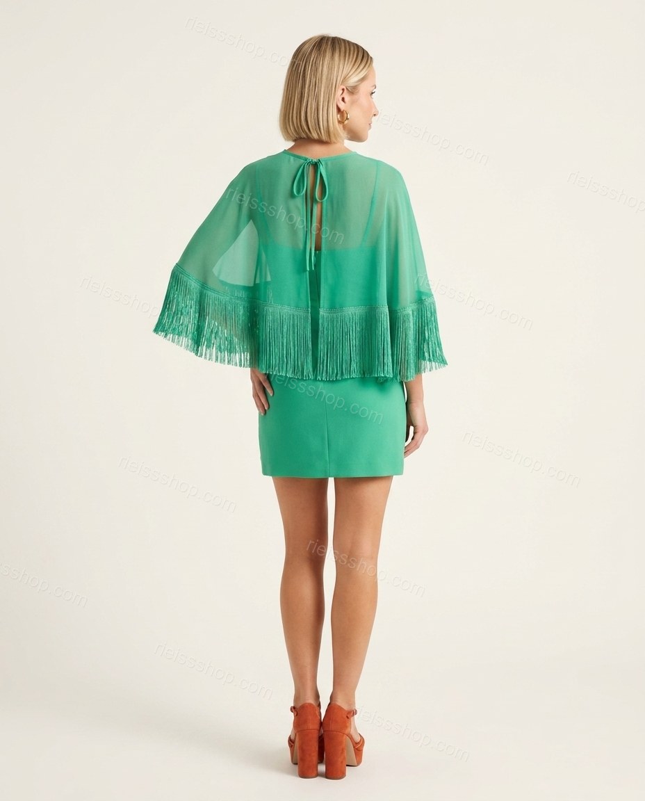 Emerald Green Cape Tie-Neck Fringe Two-Piece Set, back studio view, by Rieissshop