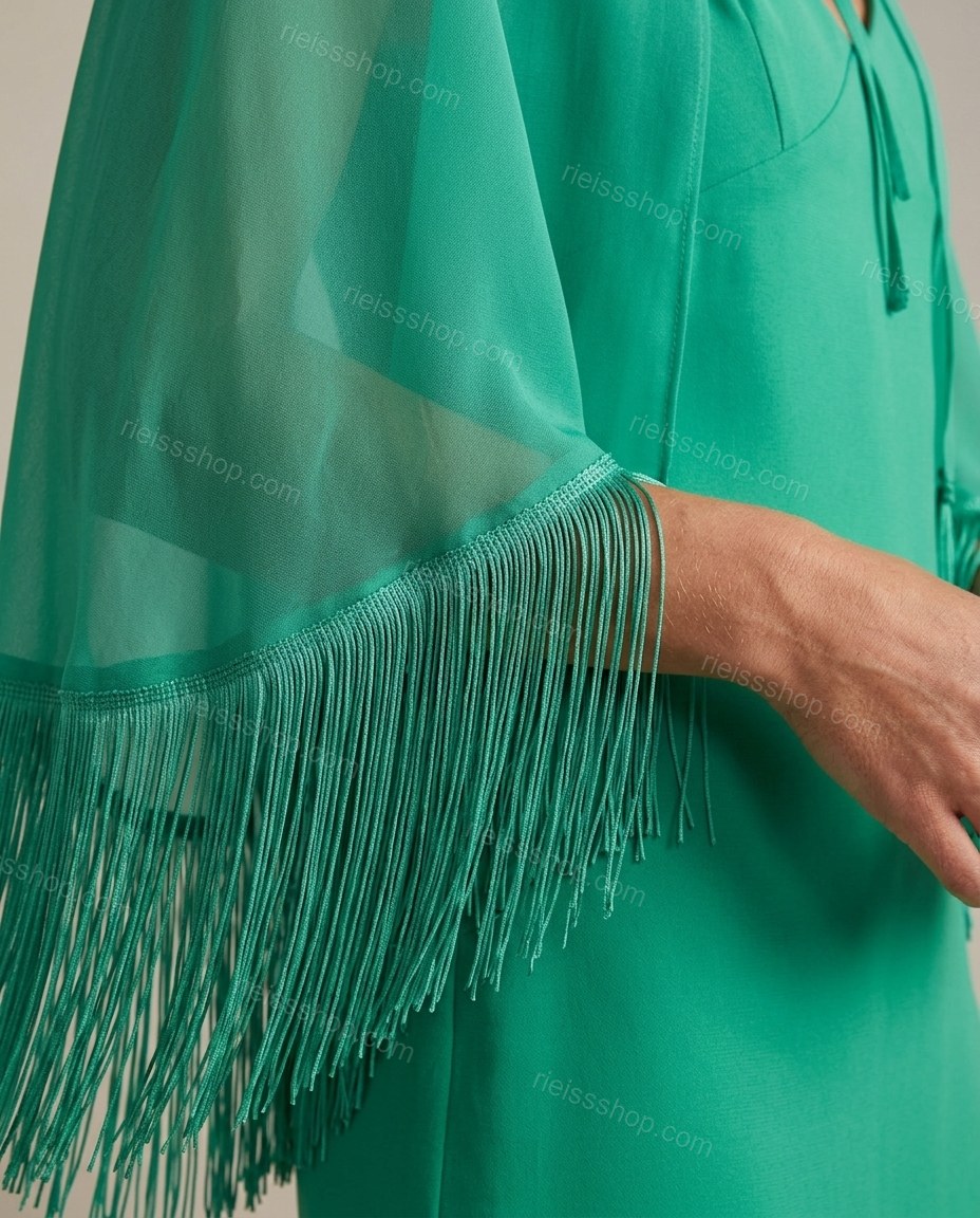 Emerald Green Cape Tie-Neck Fringe Two-Piece Set, close-up of tie-neck, fringe and v-neck design, by Rieissshop