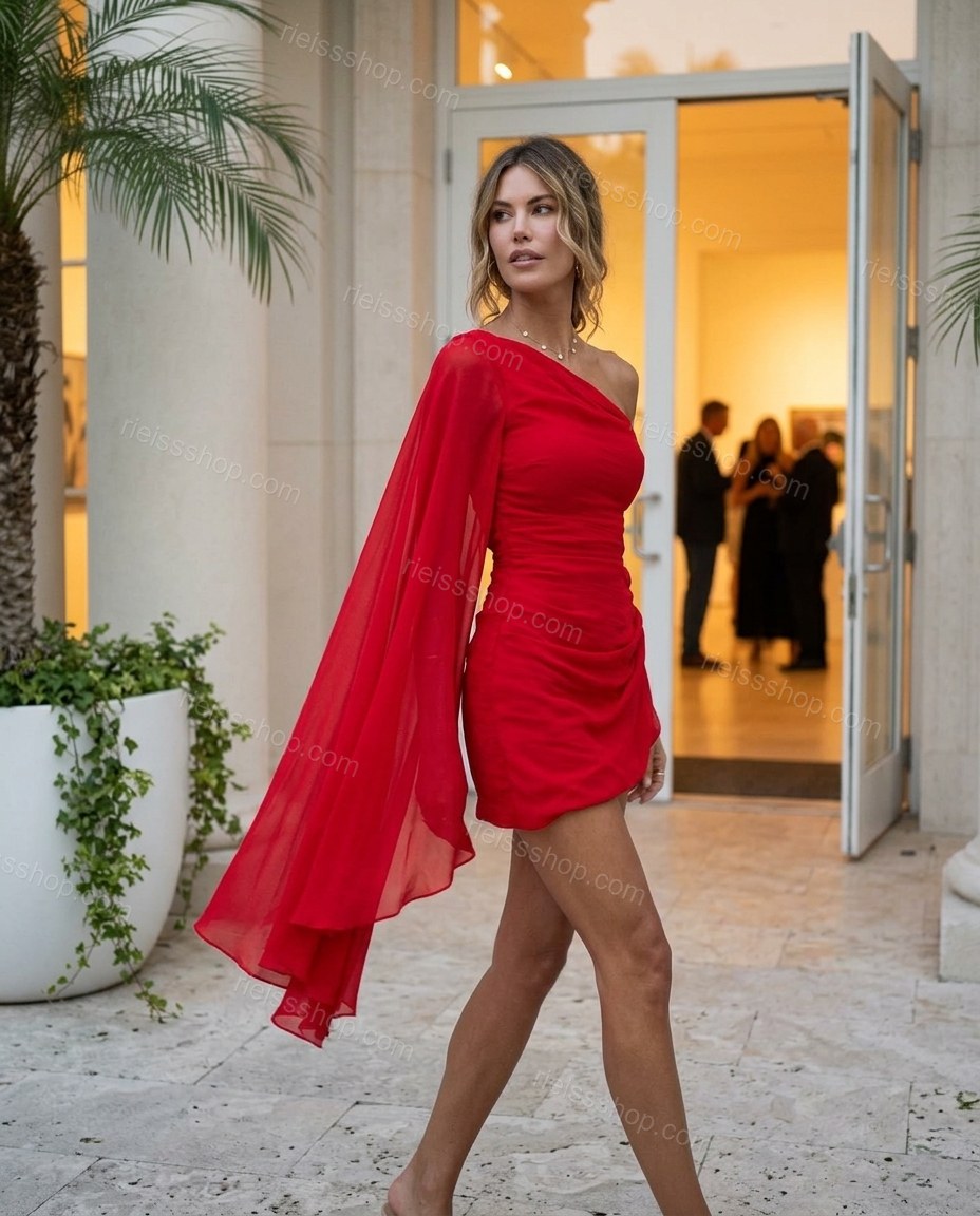 Red Mini One-Shoulder Asymmetric Dress, alternate use-case lifestyle view, by Rieissshop