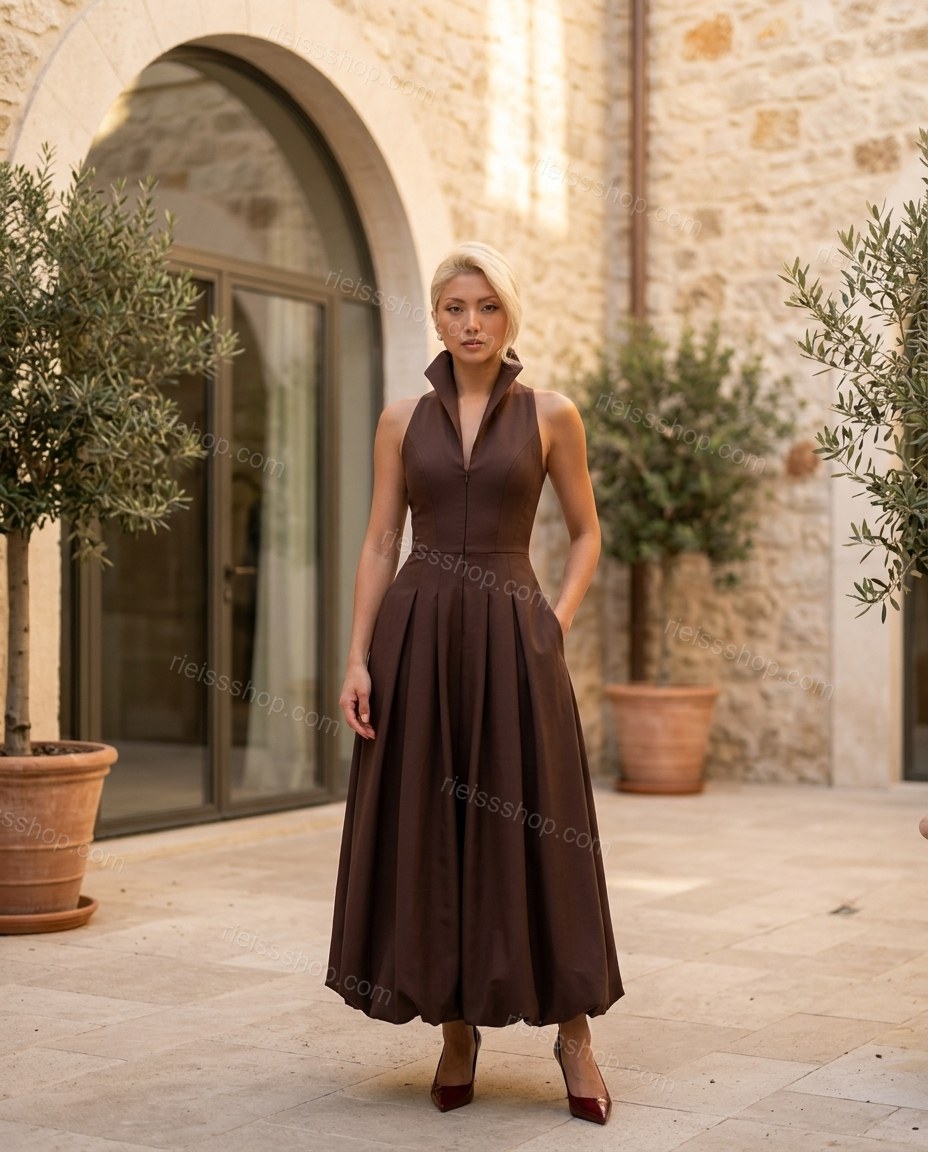 Brown Maxi Pleated Dress, three-quarter brand lifestyle view, by Rieissshop