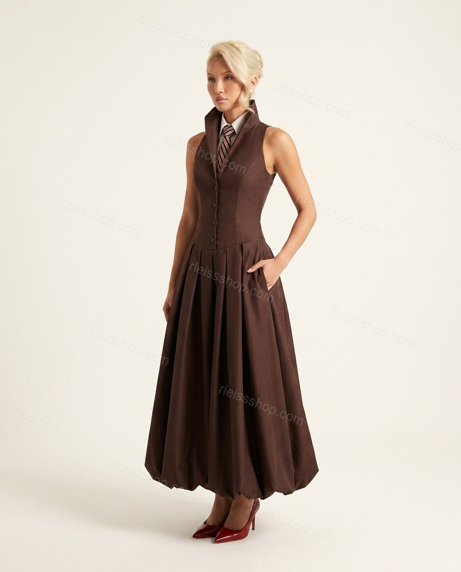Brown Maxi Pleated Dress, front studio view, by Rieissshop