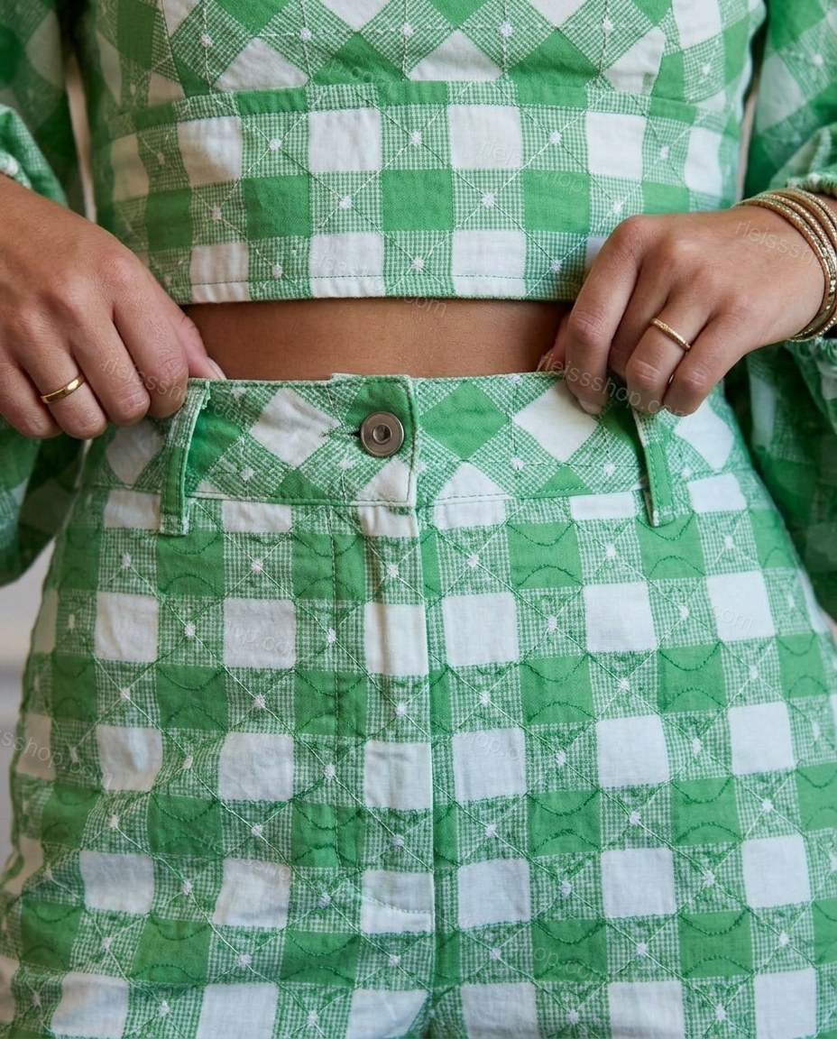 Green Off-Shoulder Pants Set, close-up of white accents, elasticated neckline and elasticated cuffs, by Rieissshop