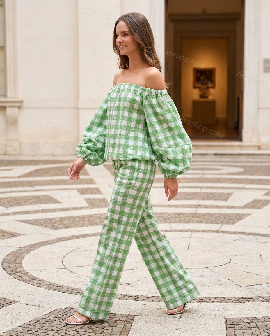 Green Off-Shoulder Pants Set, walking lifestyle view, by Rieissshop