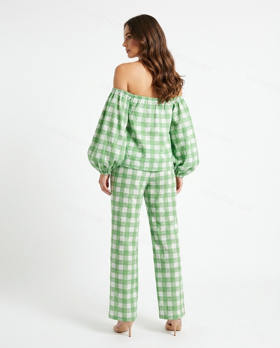 Green Off-Shoulder Pants Set, back studio view, by Rieissshop