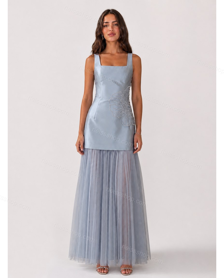 Light Blue Maxi Satin Dress, front studio view, by Rieissshop
