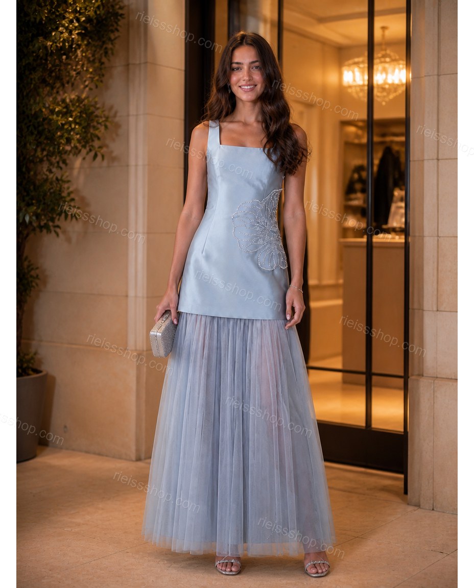Light Blue Maxi Satin Dress, three-quarter brand lifestyle view, by Rieissshop
