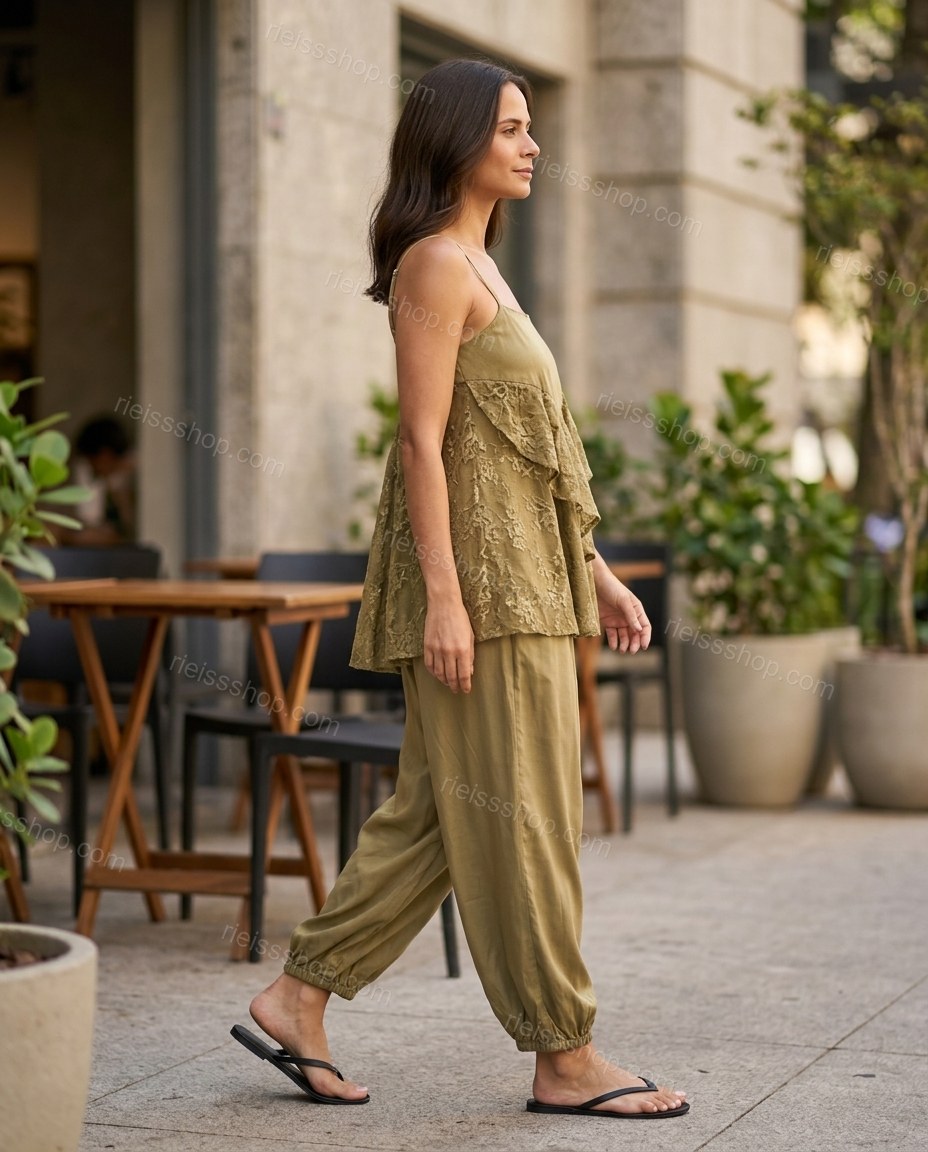 Olive Green Floral Ruffled Lace Top & Pants Set, walking lifestyle view, by Rieissshop