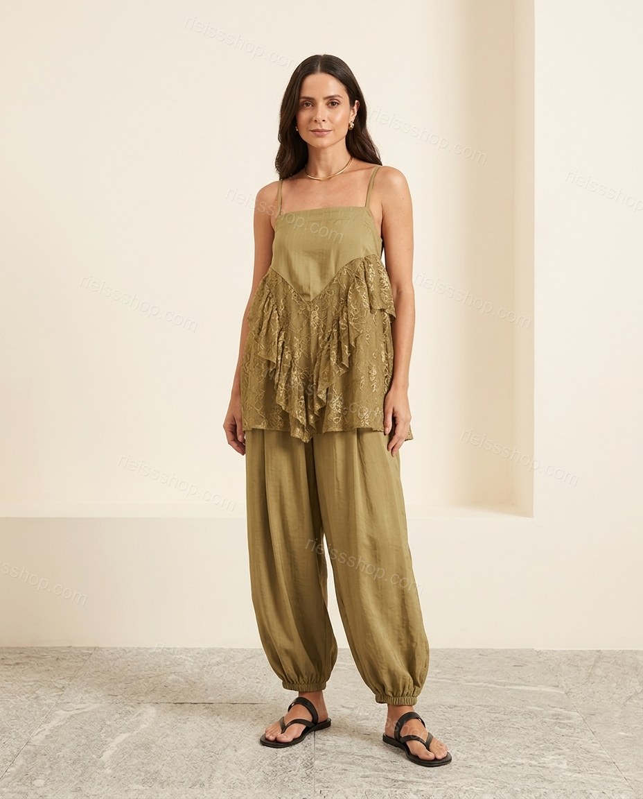 Olive Green Floral Ruffled Lace Top & Pants Set, full-length hero view, by Rieissshop