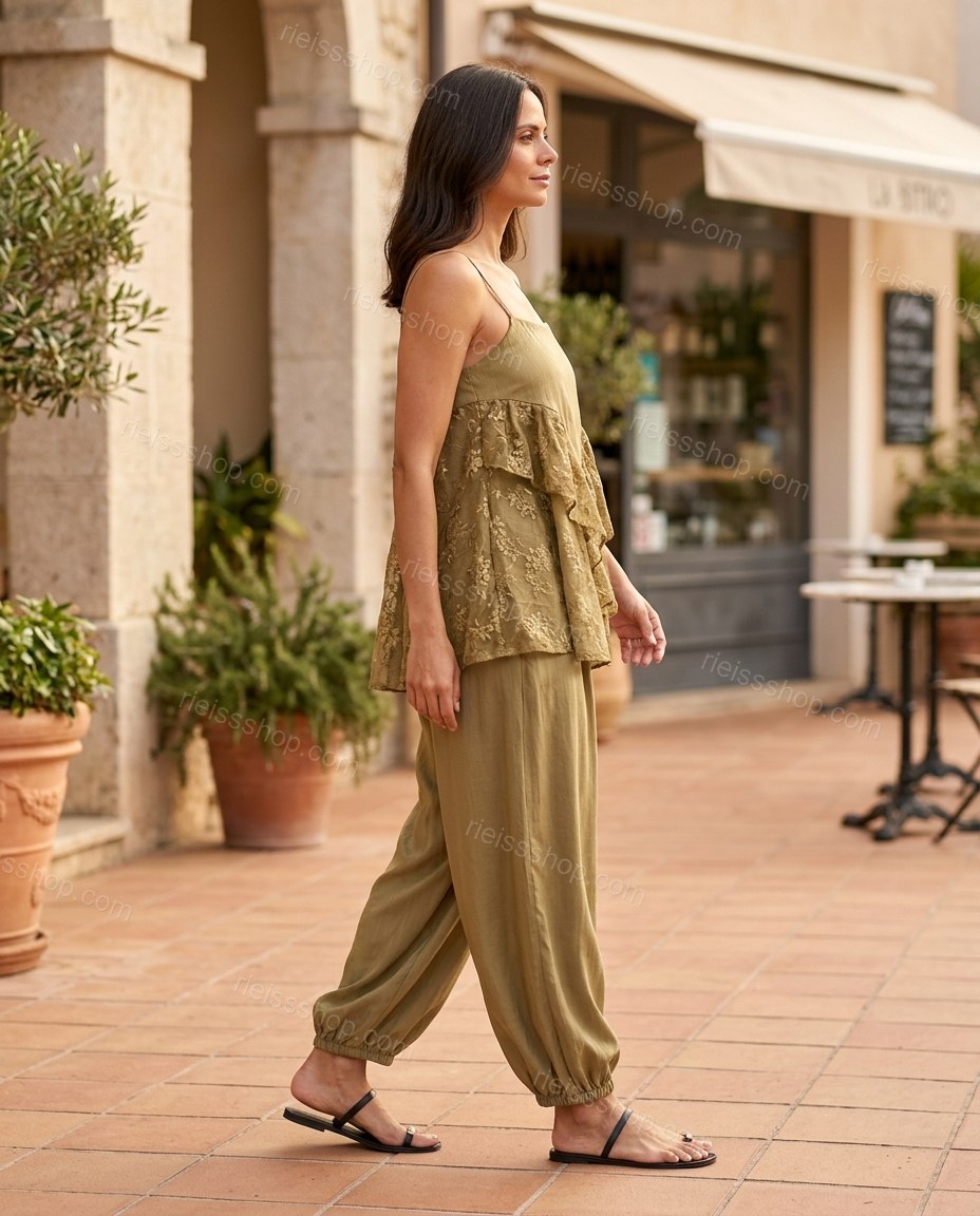 Olive Green Floral Ruffled Lace Top & Pants Set, alternate use-case lifestyle view, by Rieissshop