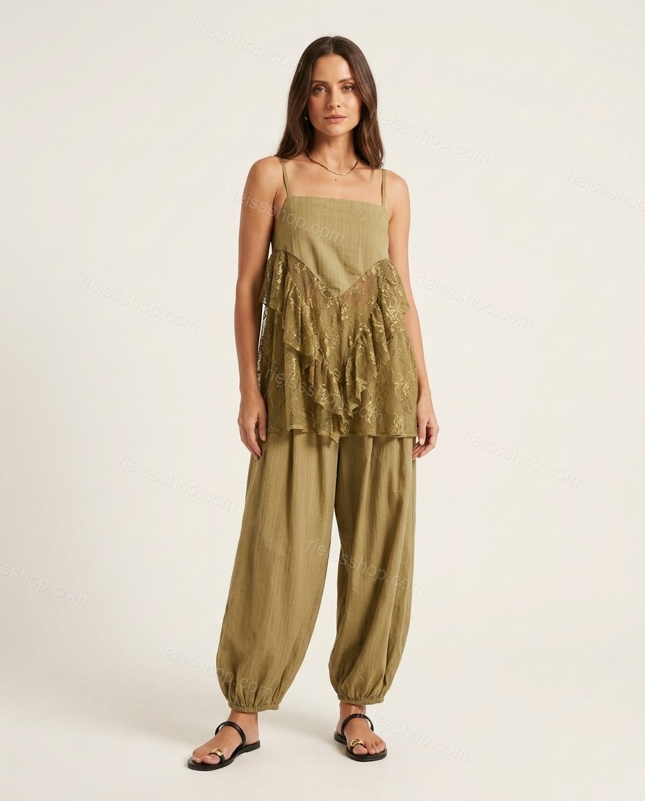 Olive Green Floral Ruffled Lace Top & Pants Set, front studio view, by Rieissshop