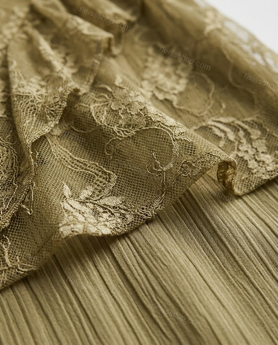 Olive Green Floral Ruffled Lace Top & Pants Set, close-up of floral, by Rieissshop