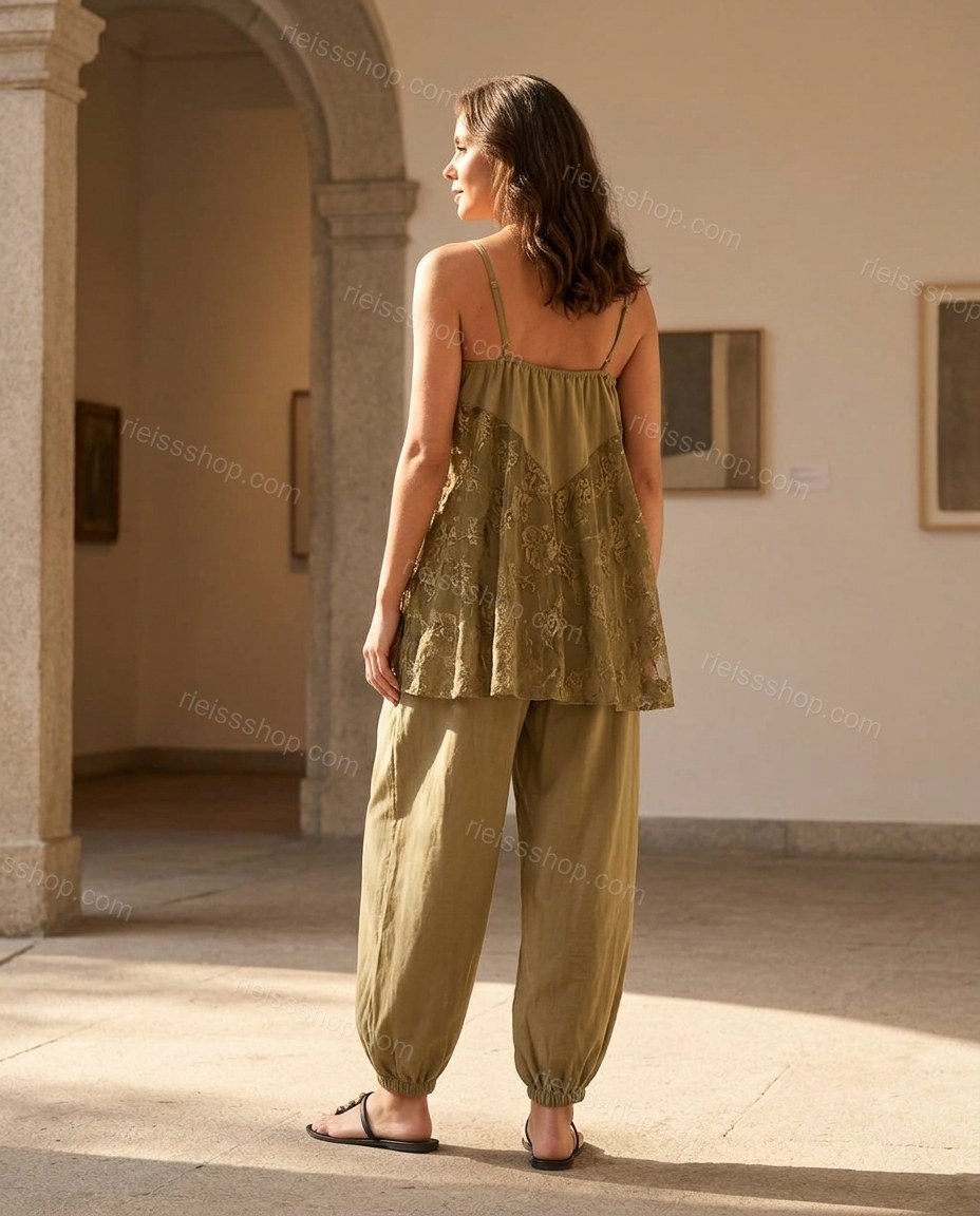 Olive Green Floral Ruffled Lace Top & Pants Set, movement and fit lifestyle view, by Rieissshop