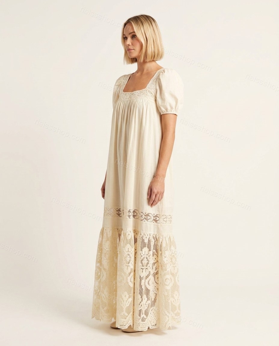 Cream Floral Maxi Tiered Dress, side and back studio view, by Rieissshop
