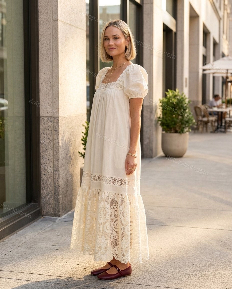 Cream Floral Maxi Tiered Dress, alternate use-case lifestyle view, by Rieissshop